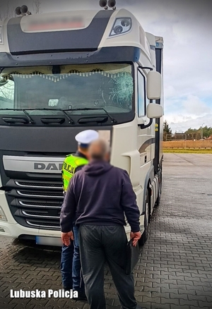 Policjant z kierowcą samochodu ciężarowego