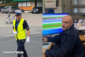 Policjantka ruchu drogowego i policjant dyżurny w komisariacie.