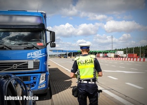 Policjant drogówki idzie w kierunku zaparkowanej ciężarówki.