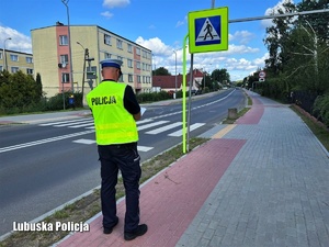 Policjant sprawdza oznakowanie przy szkołach i przedszkolach