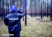 Policjant podczas poszukiwań w terenie leśnym.