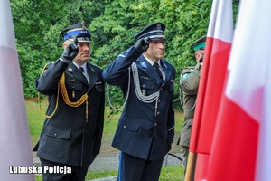Przedstawiciele służb mundurowych, władz państwowych i samorządowych składają hołd przy tablicy poświęconej Pamięci Ofiar Rzezi Wołyńskiej.