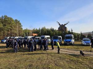 Grupa policjantów przy radiowozach.