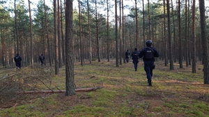 policjanci przeczesuja las.