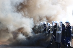 Policjanci stoją w szeregu w dymie.