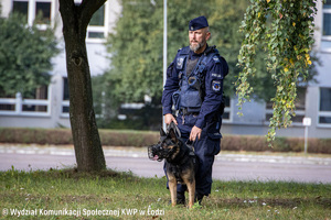 Policjant trzyma na smyczy psa.