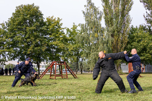 Szkolenie psów służbowych, policjant trzyma psa, bandytę trzyma policjant.