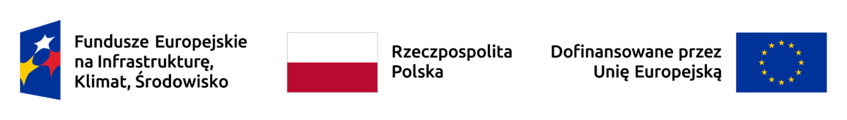 Obraz przedstawia logo programu:  odwrócony pod kątem 90 stopni ciemnoniebieski stożek, w który wpisane zostały trzy gwiazdy układające się w trójkąt - żółta, biała i czerwona.   Obok logotypu widnieje napis w trzech wersach: "Fundusze Europejskie na Infrastrukturę, Klimat i Środowisko"  Obok napisu znajduje się flaga Rzeczpospolitej Polski, obok której umieszczony został napis "Rzeczpospolita Polska"  Obok napisu znajduje się napis "Dofinansowane przez Unię Europejską", a obok flaga Unii Europejskiej.