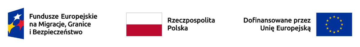 Na obrazku przedstawione jest logo Funduszy Europejskich na Migracje, Granice, Bezpieczeństwo, na które składa się: niebieskie pole w kształcie odwróconego bokiem, krótszym bokiem do lewej, trapezu, na którym znajdują się trzy połączone w trójkąt gwiazdy, od lewej: żółta, biała i czerwona. Obok loga znajduje się trzywersowy czarny napis: Fundusze Europejskie; Na Migracje, Granice; i Bezpieczeństwo.