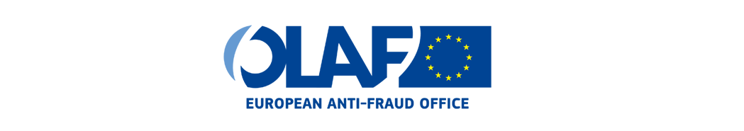 Na obrazku przedstawione jest logo programu OLAF - niebieski napis OLAF i znajdująca się obok niego prostokątna flaga Unii Europejskiej. Poniżej znajduje się mniejszy napis, również niebieski, European Ani-Fraud Office.