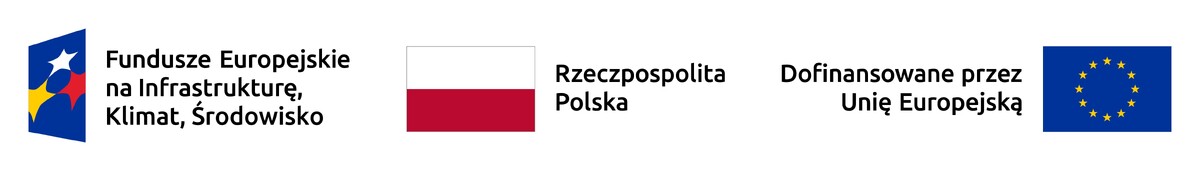 Obraz przedstawia logo programu: odwrócony pod kątem 90 stopni ciemnoniebieski stożek, w który wpisane zostały trzy gwiazdy układające się w trójkąt - żółta, biała i czerwona. Obok logotypu widnieje napis w trzech wersach: "Fundusze Europejskie na Infrastrukturę, Klimat i Środowisko" Obok napisu znajduje się flaga Rzeczpospolitej Polski, obok której umieszczony został napis "Rzeczpospolita Polska" Obok napisu znajduje się napis "Dofinansowane przez Unię Europejską", a obok flaga Unii Europejskiej.