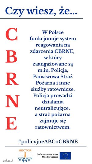 Infografika przedstawia cztery panele z napisami:

Górny, podkreślony:  na niebiesko napis &quot;Czy wiesz, że...&quot;

Lewy pionowy: na czerwono litery C B R N E

Środkowy: napis niebieski &quot;W Polsce funkcjonuje system reagowania na zdarzenia CBRNE, w który zaangażowane są m.in. Policja, Państwowa Straż Pożarna i inne służby ratownicze. Policja prowadzi działania neutralizujące, a straż pożarna zajmuje się ratownictwem.&quot;

Na dole, podkreślony: na niebiesko #policyjne ABCoCBRNE

pod podkreśleniem znajduje się logo projektu HECTOR: Obraz przedstawia element graficzny, logo projektu HEKTOR składające się z elementu graficznego oraz pomarańczowego napisu HEKTOR u góry loga oraz znajdujący się obok loga napis &quot;Dofinansowane przez Unię Europejską&quot; oraz flagę Unii Europejskiej.