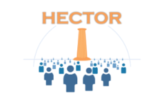 Obraz przedstawia element graficzny, logo projektu HEKTOR składające się z elementu graficznego oraz pomarańczowego napisu HEKTOR u góry loga.