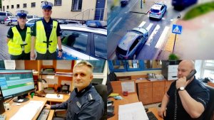 Kolaż kilku zdjęć na których widać policjantów siedzących przed komputerami, policjantów stojących przy radiowozie i ujęcie z miejskiego monitoringu na rondo