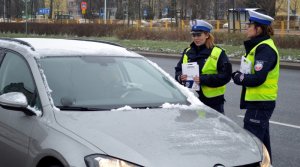 Umundurowana policjantka i policjant przy samochodzie na drodze