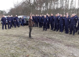 Umundurowani policjanci stojący na leśnej polanie