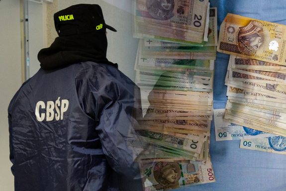 Zdjęcie ilustracyjne - połączone zdjęcie - lewa strona pokazuje policjanta CBŚP, prawa strona pokazuje pieniądze w różnych nominałach