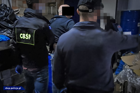 Policjanci stojący tyłem. Jeden z nich ma napis CBŚP na kurtce. Przed nimi zatrzymany.