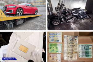 Kolaż 4 zdjęć. Samochód na lawecie, motocykl, sztabka złota w blistrze oraz banknoty o nominałach 100 i 200 PLN oraz 50, 100 i 200 EUR.