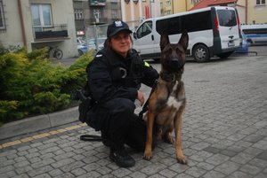 Na zdjęciach St. sierż Karolina Wielg i Nitro na dziedzińcu KMP.