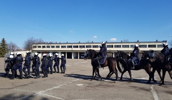 policjanci na policyjnym placu, ćwiczenia, policjanci na koniach w umundurowaniu, obok policjanci