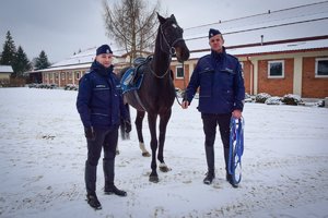 Policjanci stoją obok konia, policjant po prawej stronie trzyma go za wodze. Zdjęcie wykonane od przodu w ciągu dnia, w tle stajnie, padający śnieg.