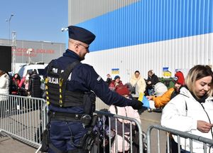 Policjant podaje ulotki uchodźcom