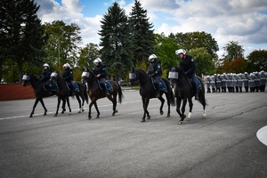 Policyjni jeźdźcy na koniach podczas przygotowań do atestacji na placu Oddziału Prewencji Policji w Rzeszowie