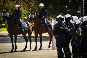 Policyjni jeźdźcy na koniach podczas przygotowań do atestacji na placu Oddziału Prewencji Policji w Rzeszowie