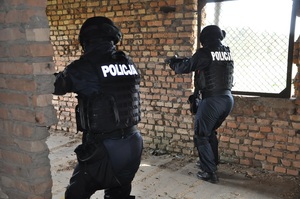 Policjanci w czarnym umundurowaniu stoją tyłem i trzymają w dłoniach broń