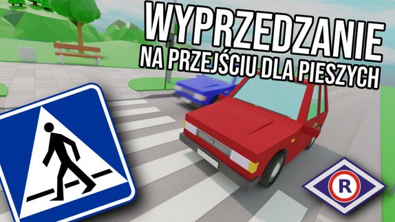 Obrazek zawierający znak drogowy &quot;przejście dla pieszych&quot; oraz samochód przejeżdżający przez przejście dla pieszych