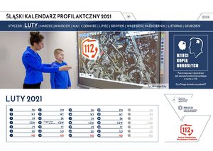 Druga karta kalendarza z miesiącem luty. Fotografia przedstawia dorosłą kobietę pokazującą chłopczykowi mapę miasta, na której widoczny jest numer 112. Z prawej strony karty widnieje napis: &quot;Porozmawiaj z dzieckiem jak wezwać pomoc korzystając z numeru 112. Czy Twoje dziecko to potrafi?&quot;