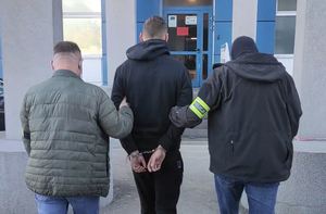 Zdjęcie kolorowe. Dwaj nieumundurowani policjanci z opaskami z napisem POLICJA na ramionach prowadzą osobę z kajdankami założonymi na ręce trzymane z tyłu