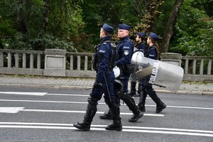 Zdjęcie kolorowe. Widoczni 4 umundurowani policjanci idący jezdnią