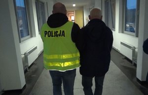 Zdjęcie kolorowe. Policjanci prowadzą osobę zatrzymaną