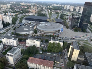 Widok częsci Katowic, Spodka i okolic z pokładu śmigłowca