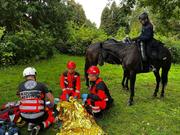 Zdjęcie kolorowe. Widoczni ratownicy w terenie podczas konkurencji udzielnaia pierwszej pomocy oraz koń wraz z policyjnym jeźdźcem