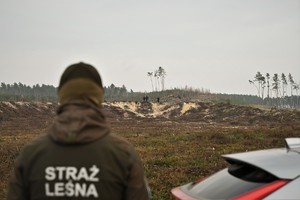 Zdjęcie. Widoczni policjanci w terenie leśnym. Na pierwszym planie strażnik leśny