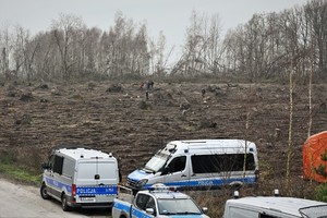 Zdjęcie. Widoczni policjanci oraz radiowozu w terenie leśnym