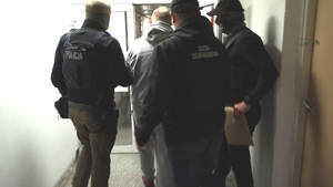 Policjanci i funkcjonariusze służby celno-skarbowej w kamizelkach prowadzą zatrzymanego mężczyznę w kajdankach korytarzem komendy Policji