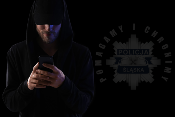 infografika zaciemniona zdjęcie mężczyzny w czapce z daszkiem obok logo śląskiej policji