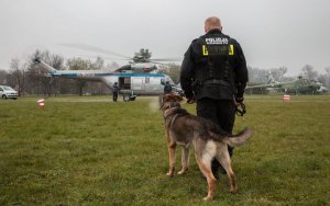 dzień 1 przewodnik z psem czeka na zgodę wejścia do helikoptera