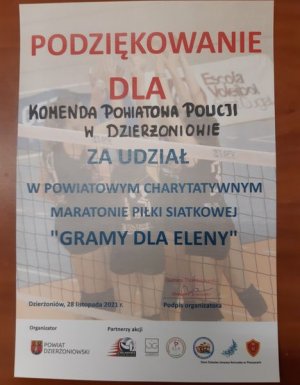 zdjęcie przedstawia dyplom dla policjantów za udział w turnieju