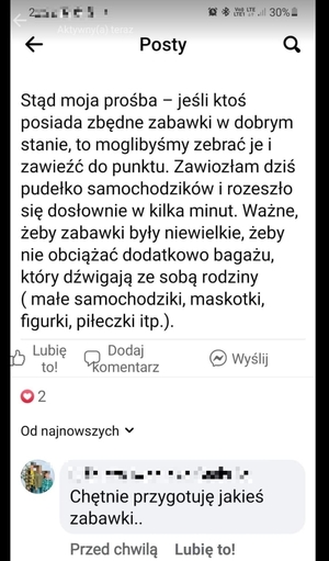 prośba o zabawki dla dzieci z Ukrainy - post internetowy z podziękowaniami dla policjantów