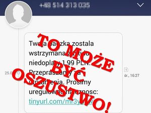 Na zdjęciu znajduje się wiadomość sms o uregulowanie płatności. Na środku znajduje się czerwony napis To może być oszustwo