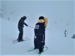 Maskotka komisarz lew na nartach na stoku