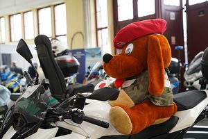 maskotka na motocyklu w pomieszczeniu