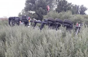 Na zdjęciu przewrócony na bok ciągnik siodłowy wraz z naczepą który osunął się do rowu, co spowodowało wywrócenie całego składu - widok z tyłu.