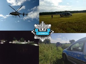 Cztery zdjęcia z poszukiwań kobiety, gdzie widać radiowóz policyjny, helikopter oraz policjantów podczas działań nocnych na terenach leśnych