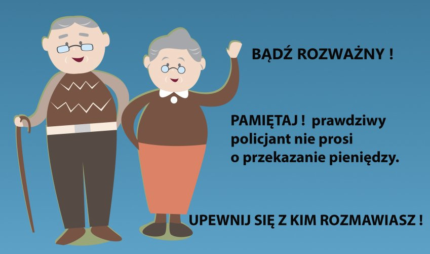 Animacja przadstawiające starsze dwie osoby. Obok napisy o treści: Bądź rozważny, upewnij się z kim rozmawiasz.